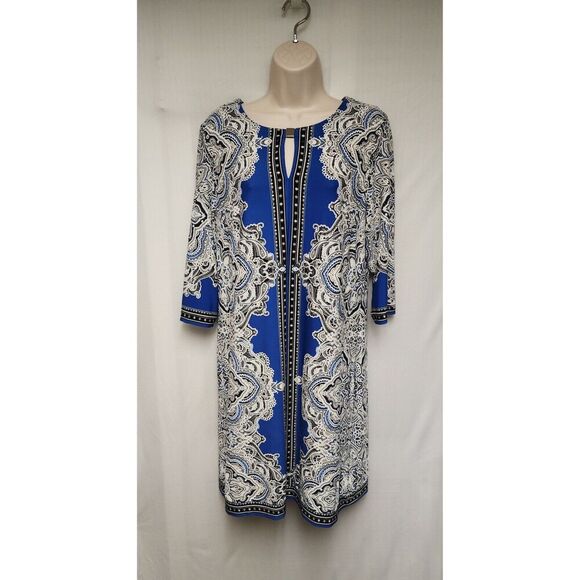 Studio One Shift Paisley Floral Stretch Dress Women Size Large Color Blue White - Picture 3 of 7